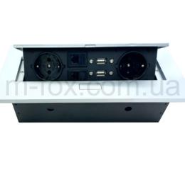 Освітлення Подовжувач M-fox, прямий (2 розетки, телефон, інтернет, 2* USB data), сріблястий