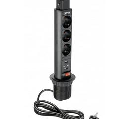 Освітлення Подовжувач GTV SCHUKO 3 розетки D60, 2*USB, чорний